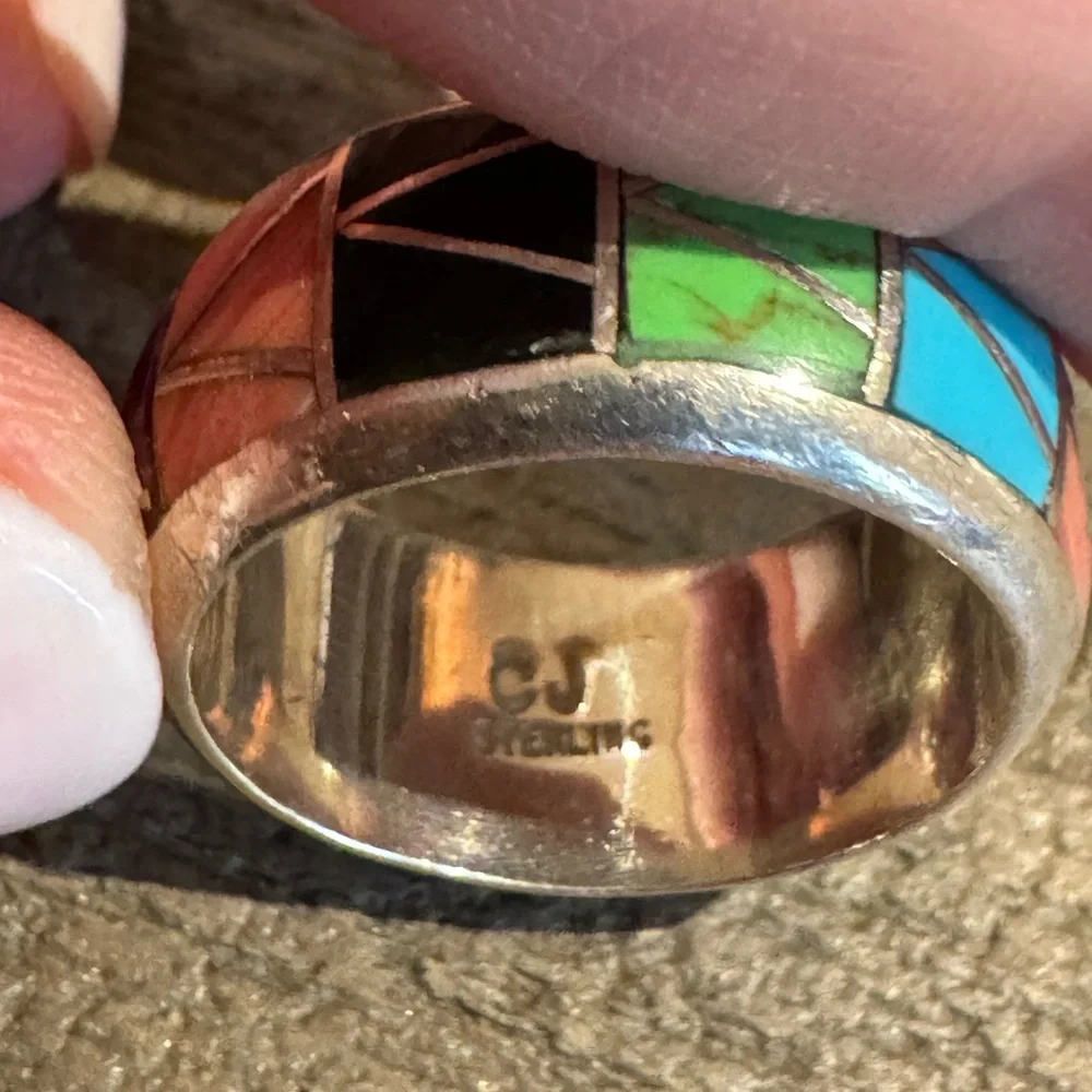 Signed CJ ( Butler) Native American Navajo Turquoise Coral Onyx Ring 7.9G